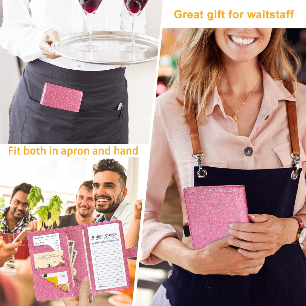 JKhandy Server Book for Waitress - Leather Waiter Book Server Wallet with Zipper Pocket, Cute Serving Book&Server Note Pads Holder with Magnetic Closure, Glitter Pink