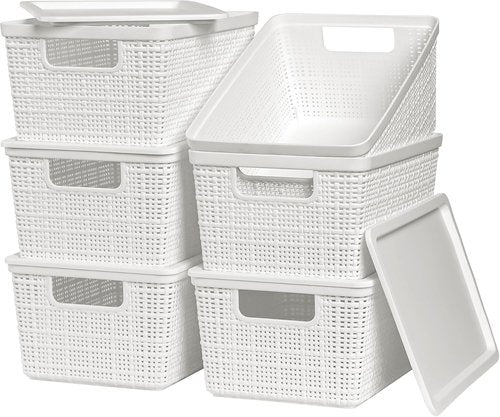 6 Pack Plastic Storage Baskets by [Brand Name] - White Stackable Bins with Lids for Organizing Desktops & Closets