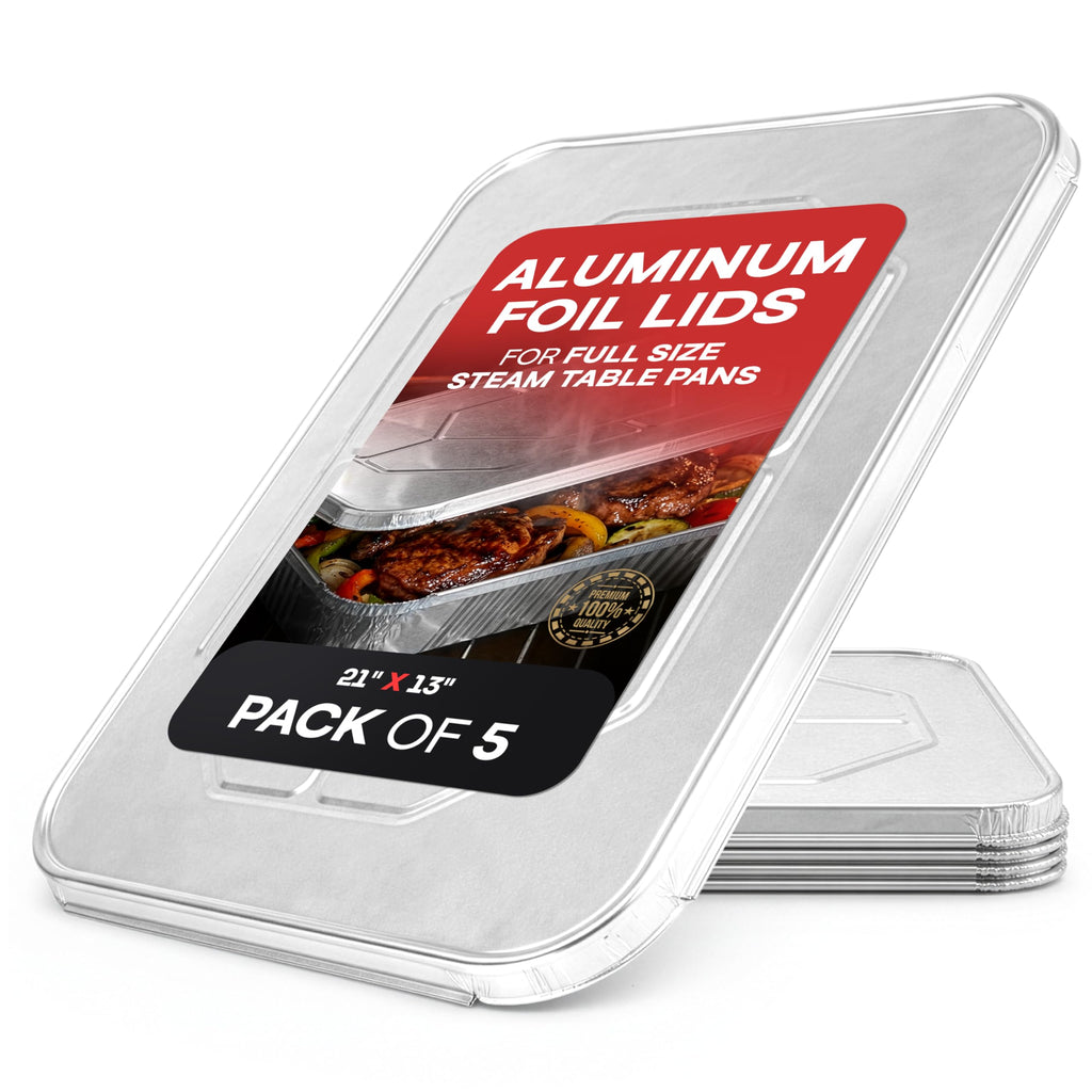 IDL Packaging Aluminum Foil Lids for Full Size Steam Table Pans - 21" x 13" (pack of 5) - Disposable Cover for Grill Pans - Oven & Freezer Safe - Durable Top for Foil Pan
