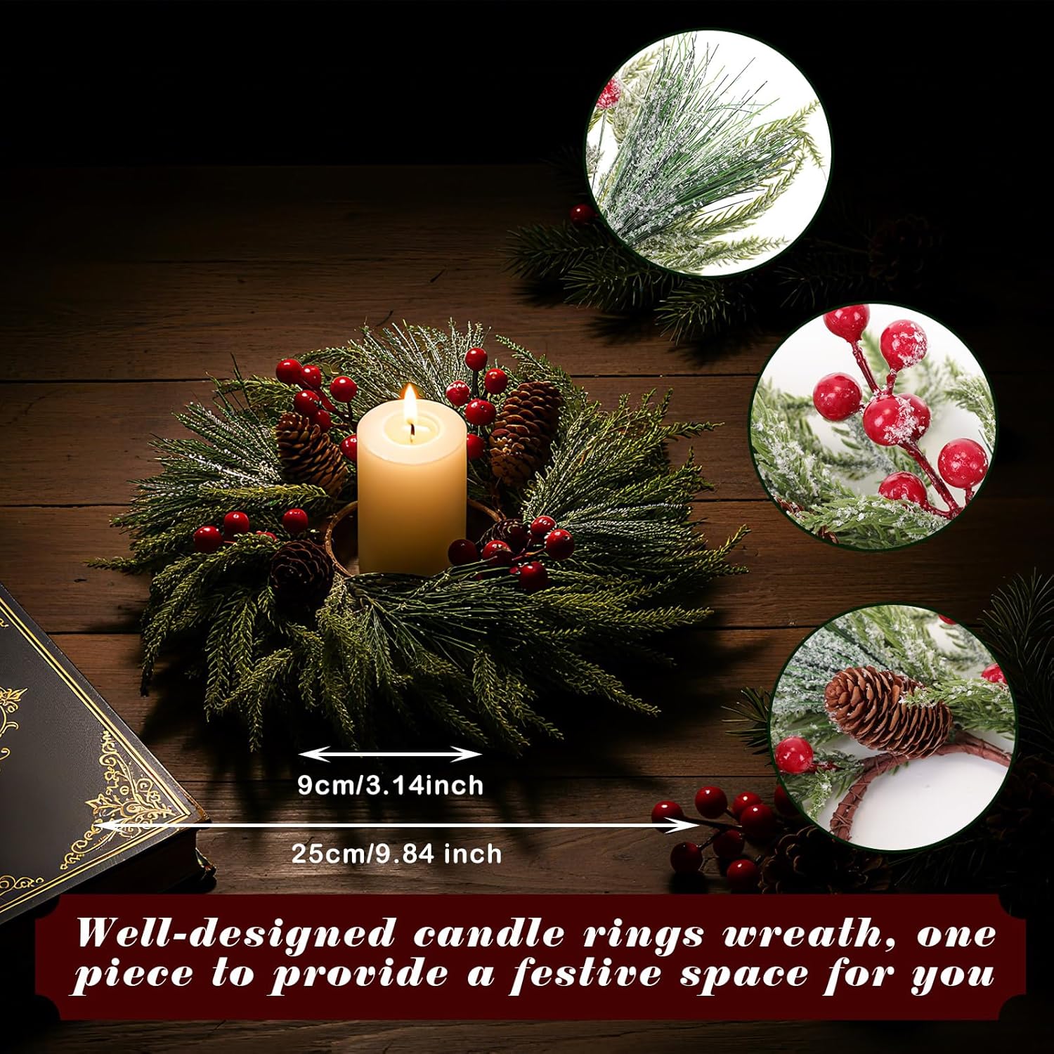 Suncalla Christmas Candle Rings - 8 Pcs Red Berry Wreaths for Kitchen & Table Decor
