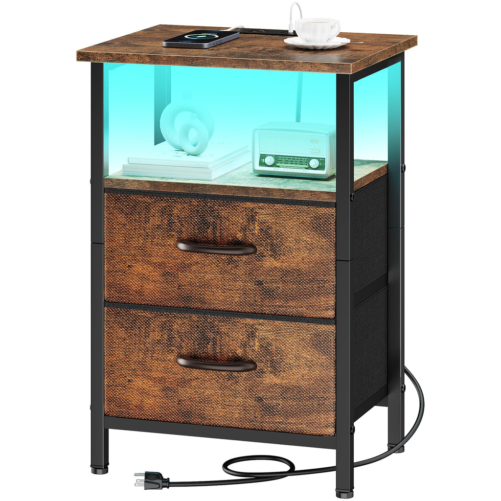 Vagusicc Night Stand Bedside Table Bedroom, LED Nightstand with Charging Station, End Table with USB Ports & Outlets, 24.2" Tall Bed Side Table with 2 Fabric Drawers and Storage Shelf, Rustic Brown