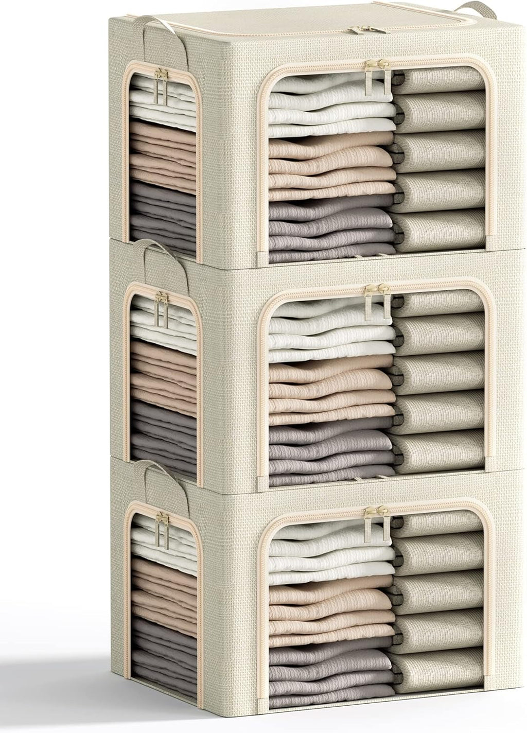Skiennix Foldable Clothes Storage Bins - 3 Openings with Metal Frame, Lid & Clear Window | 40L, Beige