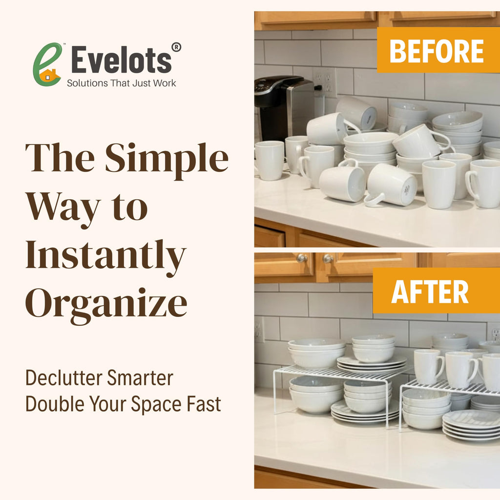 Evelots Kitchen Cabinet Wire Shelf Organizer/Rack - 4 Pack Sturdy Metal Shelf Risers - Double Your Counter Space - Great for Kitchen, Freezer, Pantry and Bathroom - Rustproof - White