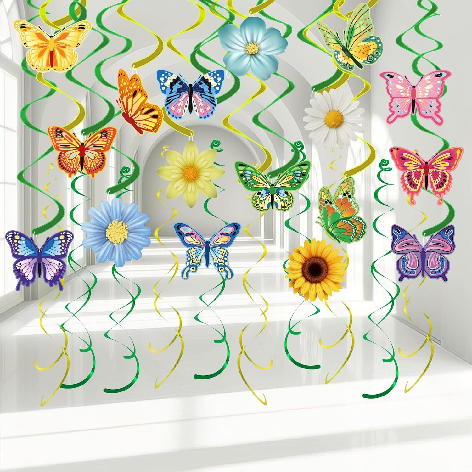 Skiennix 33-Piece Spring Hanging Decorations - Flower & Butterfly Swirl Streamers for Easter & Birthday Parties