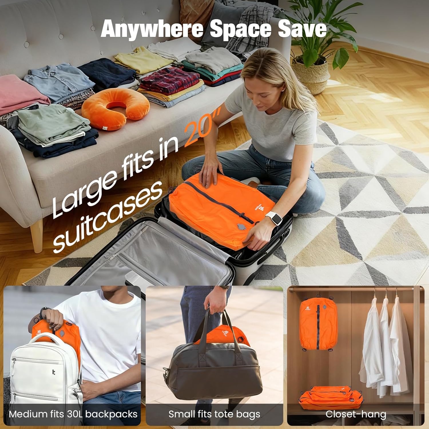Skiennix Vacuum Compression Bags - 3-Pack Reusable Travel Storage | Waterproof & Space-Saving, Orange
