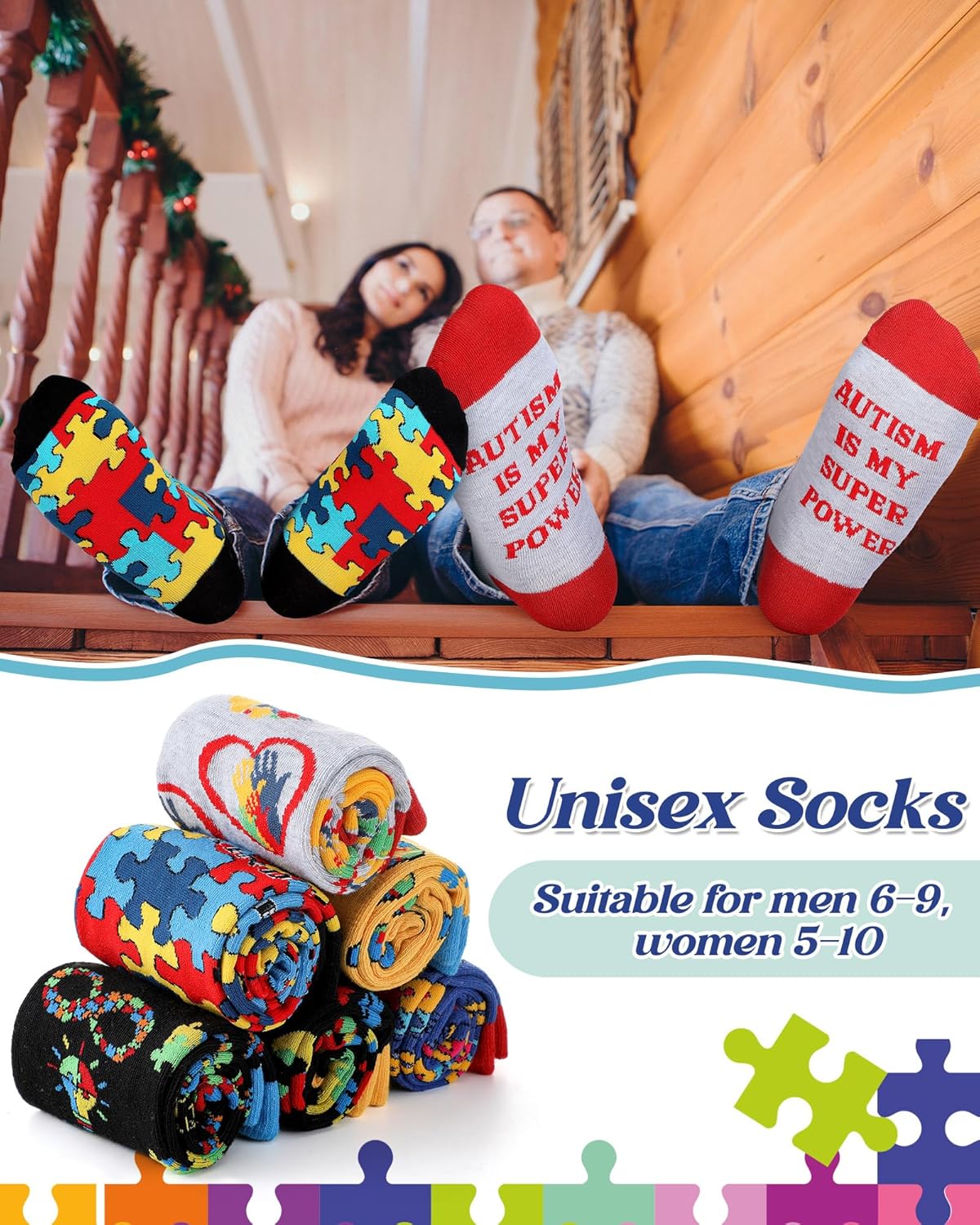 Skiennix Autism Awareness Socks - 12 Pairs Colorful Graphic Designs for Men & Women | Perfect Gift Idea