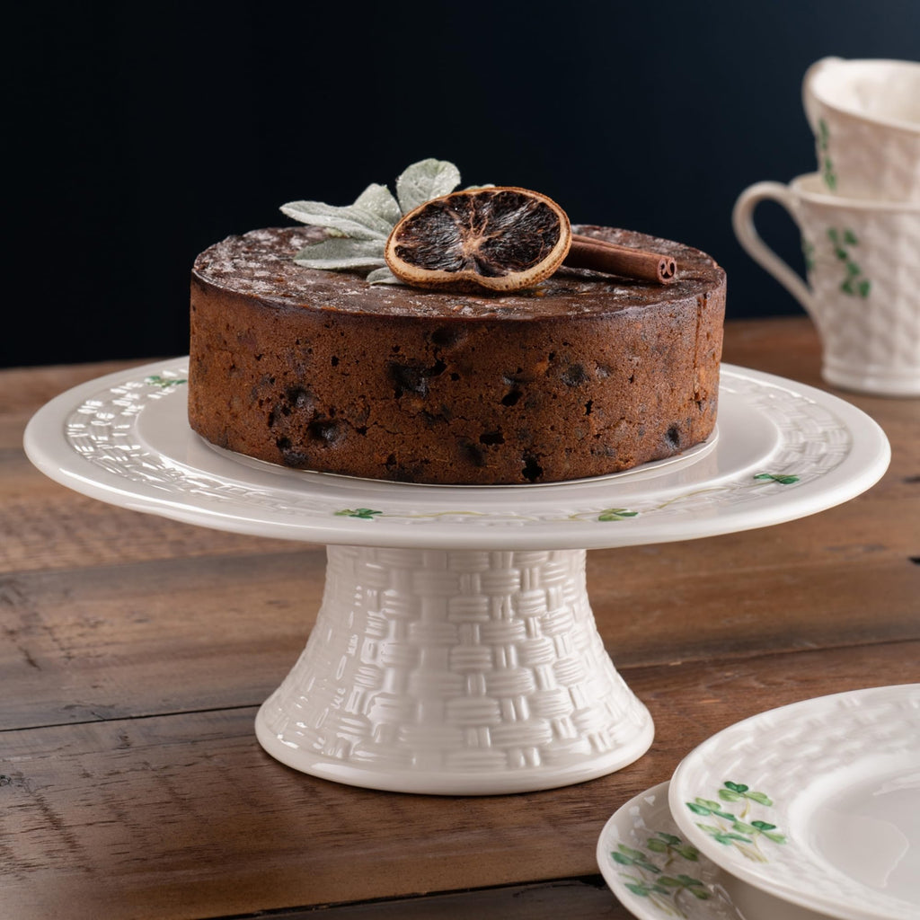 Belleek Classic Shamrock Cake Stand 10"D x 3.5"H, Handcrafted Fine Parian China Cake Plate, White
