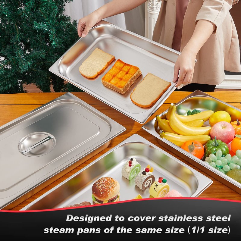 Suclain Full Size Steam Table Pan Covers Hotel Pans Covers with Handle 0.8 mm Thick Stainless Steel 20.8"L x 12.8"W Commercial Food Lid for Steam Food, Buffet, Roasting(8 Pack)