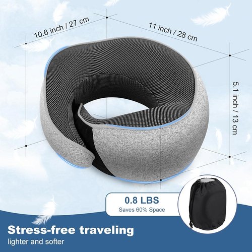 Memory Foam Travel Neck Pillow - Ergonomic 360° Head Support | Includes Eye Mask & Ear Plugs | Portable Gray Pillow for Flights & Cars