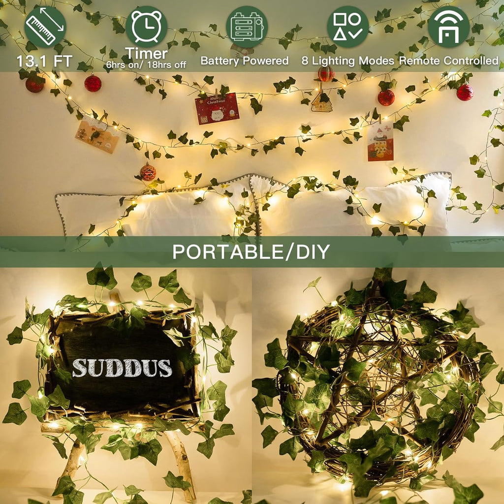 Suddus Ivy String Lights - 40 LED Battery Operated Fairy Lights with Remote | 13.1ft Warm White Decor for Bedroom, Garden, Party, and Weddings