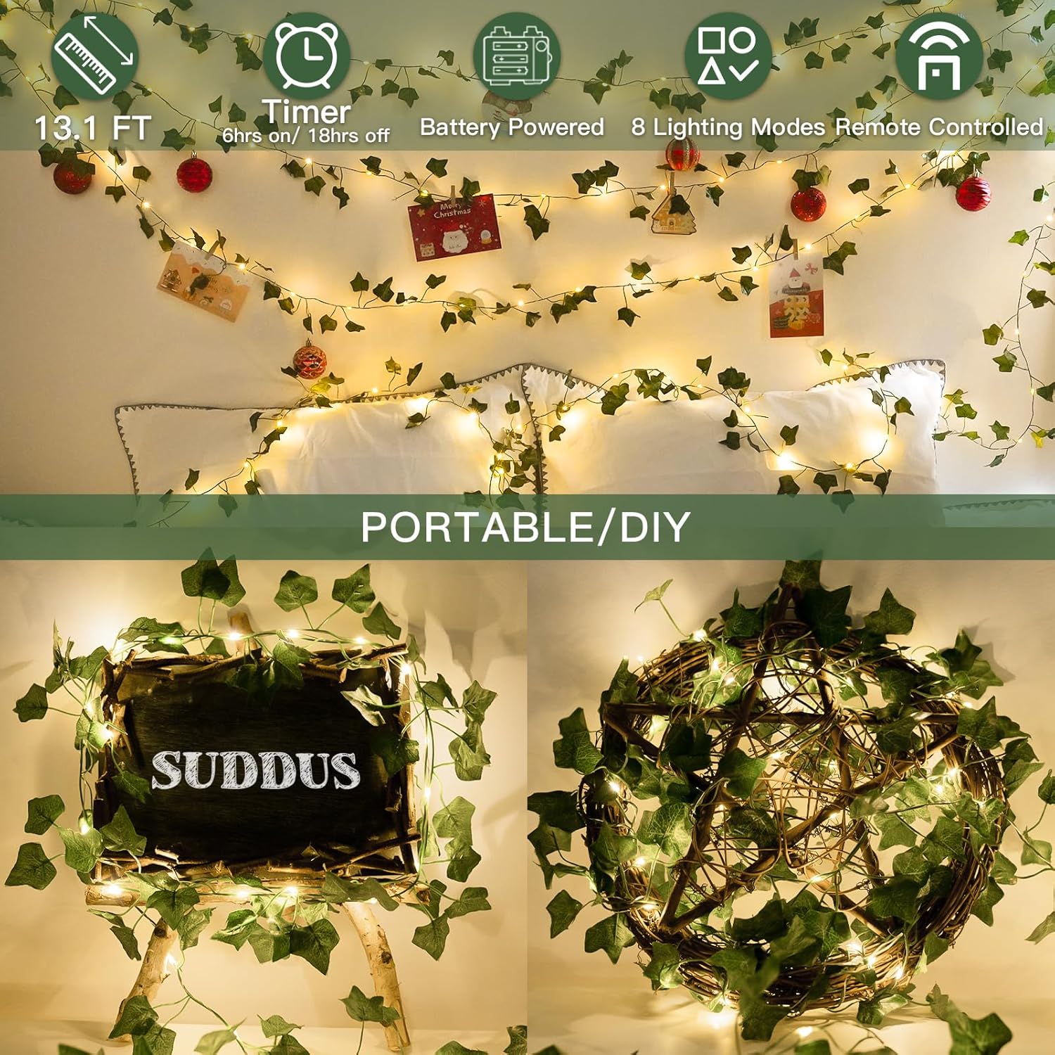 Suddus Ivy String Lights - 40 LED Battery Operated Fairy Lights with Remote | 13.1ft Warm White Decor for Bedroom, Garden, Party, and Weddings