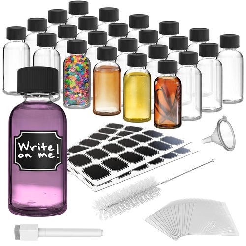 Nevlers 24 Pack 2 Oz Glass Bottles with Lids | 59mL Clear Mini Shot Bottles with Caps for Immunity & Wellness Shots, Ginger, Vanilla Extract, Sauce, Perfume Oils | Juice Shot Containers w/Accessories