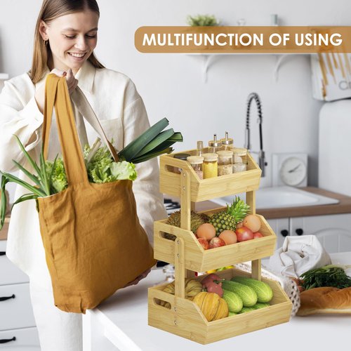 JANSNIMEN 3 Tier Bamboo Fruit Basket, Fruit Basket for Kitchen Counter Fruit Bowl Fruit and Vegetable Storage, Fruit Bowl for Onion Potato Bread Snack Organizer and Kitchen Decor