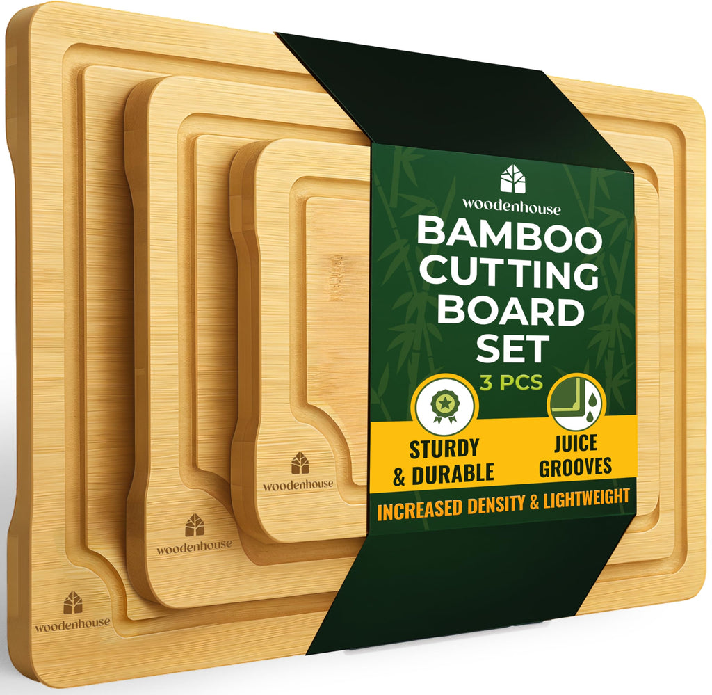 Bamboo Cutting Board Set of 3 - Thick & Durable Wood Cutting Boards with Deep Juice Grooves & Build-in Handles, Large Surface, Easy to Clean – for Meat, Vegetables and Fruits