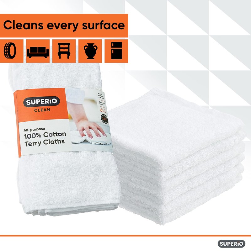Superio Terry Cloth Rags White Washcloths 100% Cotton 12" Cleaning Cloths, Kitchen Towels, Facial Washcloth, Spa Cloths, Hand Towel, Small Lint Free Rags for Multi-Purposes (36 Pack)