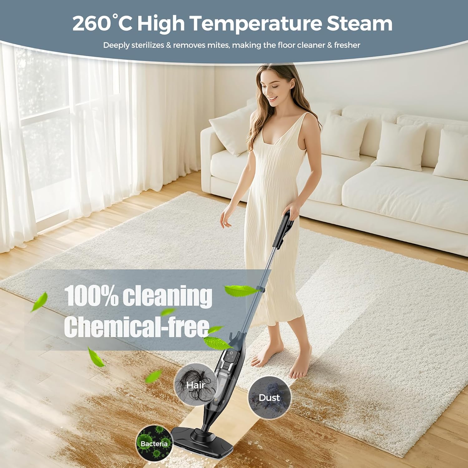Skiennix 12-in-1 Handheld Steam Mop - Powerful Multi-Purpose Cleaner for Floors, 565ML Tank, 23FT Cord