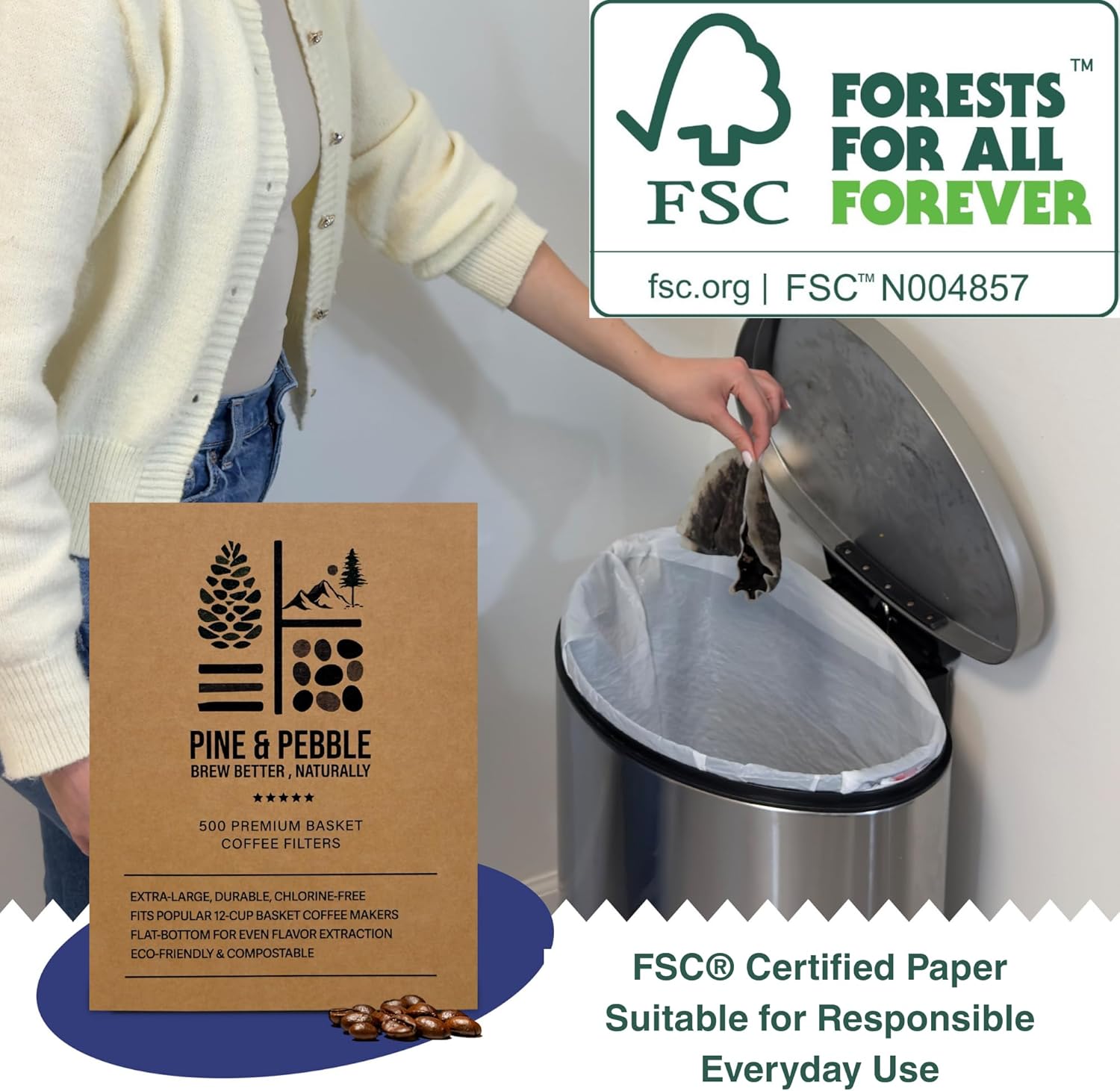 Pine & Pebble® 12-Cup Coffee Filters - 500 Count Tall-Walled Basket Style | No Grounds, No Mess | Fits BUNN & Standard Makers