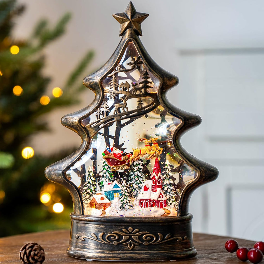 Regine Switzerland Christmas Snow Globe Lantern - Glittering Santa & Deer with Music | USB & Battery Operated