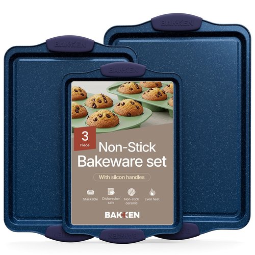 BAKKEN Kitchen Baking Pan Set - Nonstick Coating, Carbon Steel Bakeware Sets with Blue Silicone Handles, Baking Kitchen Essentials, PFOA, PFOS, PTFE Free, Oven Safe Tray (Up To 450° F), Set of 3