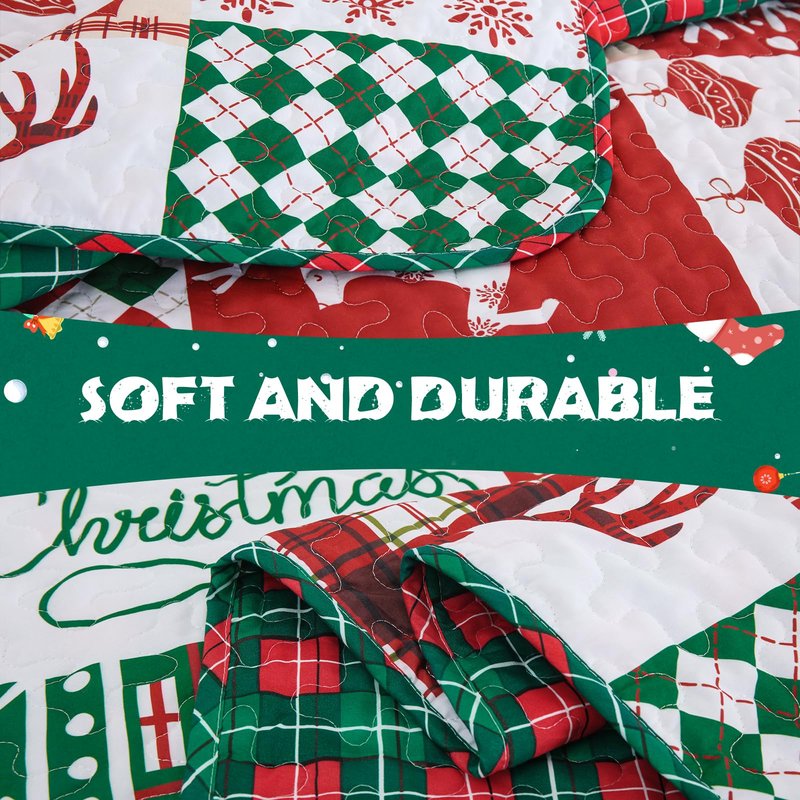 WONGS BEDDING Christmas Quilt Set Queen Size, Reversible Christmas 3-Piece Bedspread Set with Elk Snowflake Pattern, Soft and Lightweight Plaid Quilt Coverlet Bed Set for All Season(96"×90“)