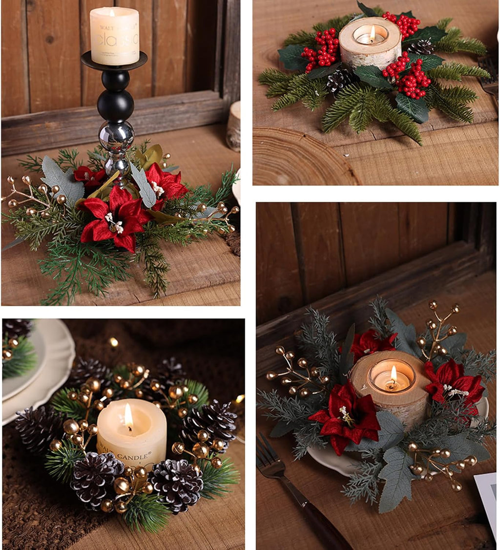 Regine Switzerland Christmas Candle Rings - Festive Pine Needles & Berry Red Flowers | Winter Table Centerpiece Decor