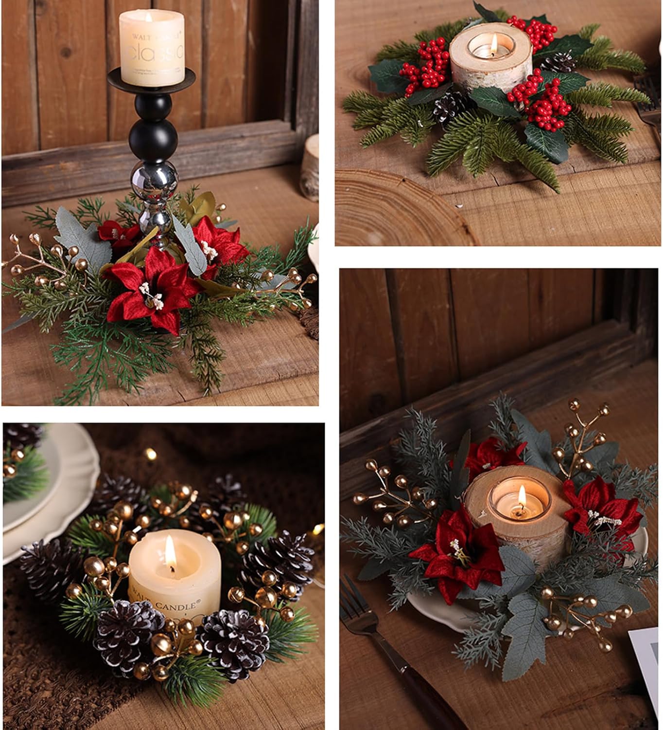 Regine Switzerland Christmas Candle Rings - Festive Pine Needles & Berry Red Flowers | Winter Table Centerpiece Decor