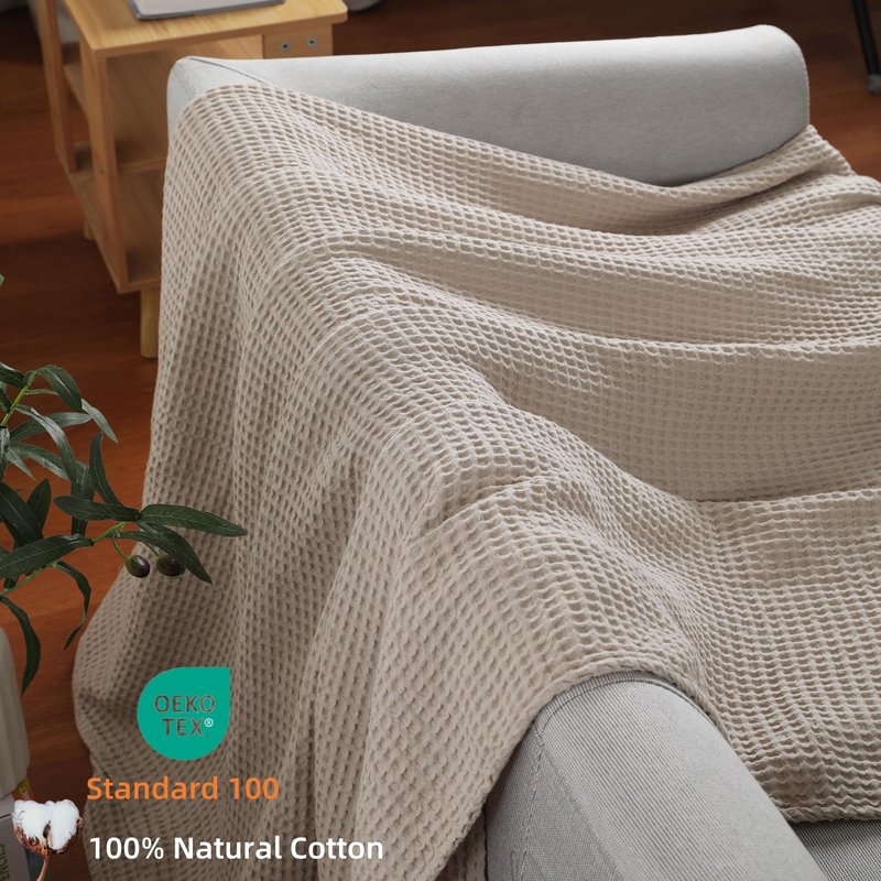 100% Cotton Waffle Blanket (Khaki - Twin Size - 66 * 90''), Pre-Washed and Anti-Shrinkage Soft Lightweight Bed & Couch Blanket, 380 GSM Waffle Weave Throw Blanket for All Seasons