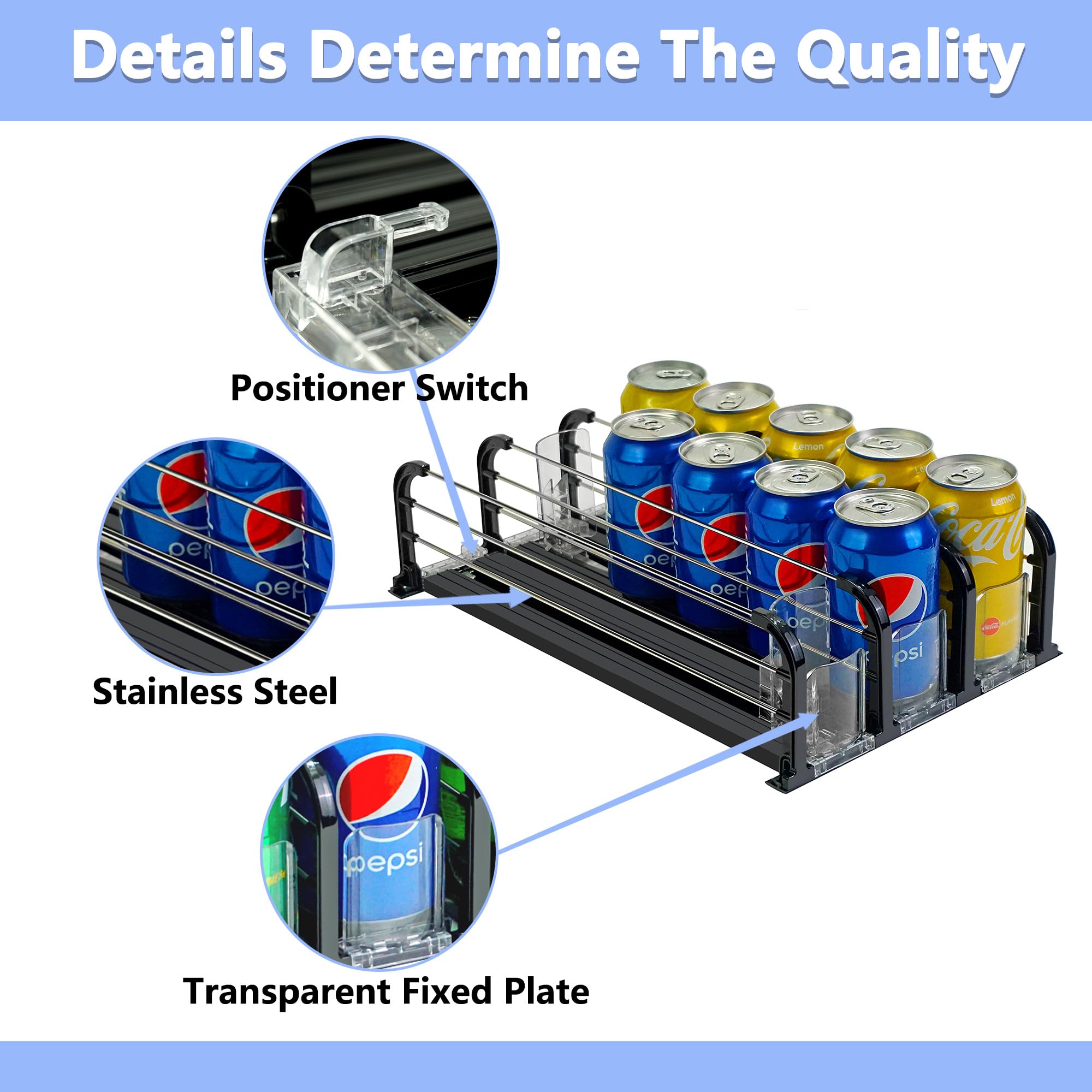 Yedyoi Drink Organizer for Fridge, Refrigerator Drink Dispenser with Self-Pushing Glide (3 Rows), Large, Black, MJ-005