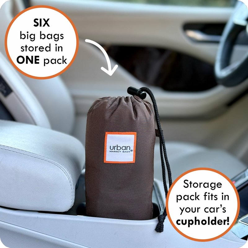 Urban Market Bags - Galaxy -6 Foldable Reusable Shopping Bags in 1 Compact Pouch, Luxury Quality, Recycled Fabric, Holds 50+ lbs, Machine Washable, Pouch Fits in Cupholder, Designed in California