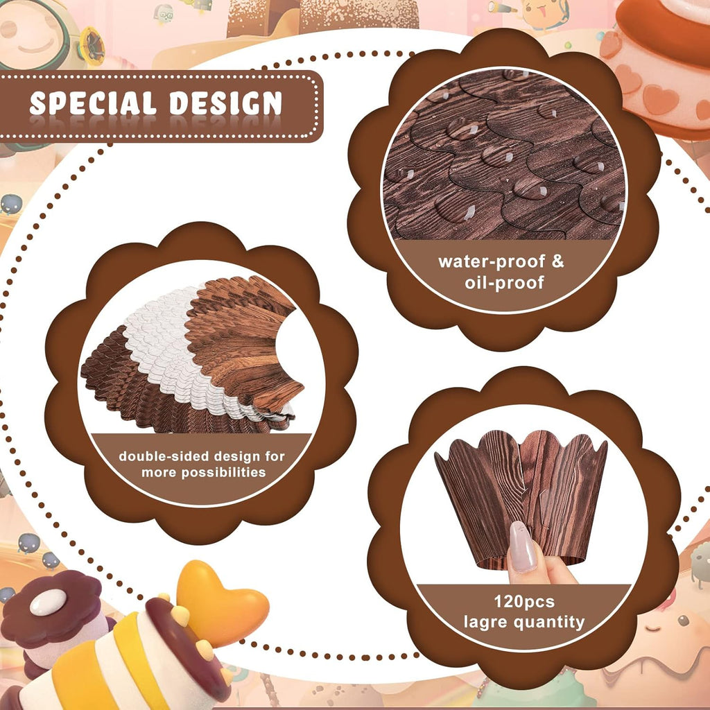 Skiennix Wood Grain Cupcake Wrappers - 120 Pcs Rustic Cake Liners for Baby Showers & Weddings | Woodland Theme