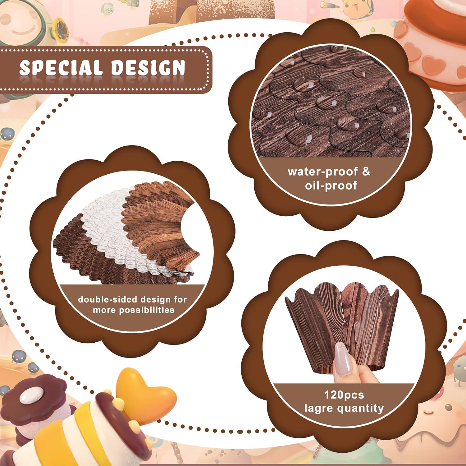 Skiennix Wood Grain Cupcake Wrappers - 120 Pcs Rustic Cake Liners for Baby Showers & Weddings | Woodland Theme