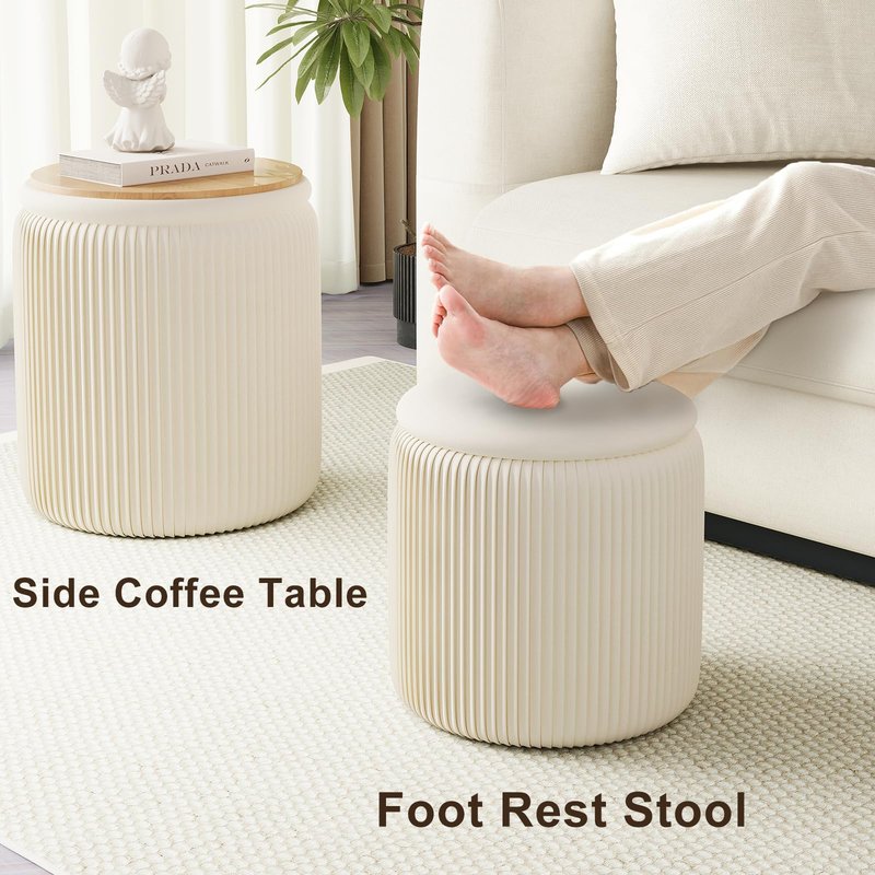 Round Ottoman with Storage Set of 2, White Vanity Stool, Upholstered Velvet Storage Ottomans, Makeup Chair Seat for Bedroom, Small Pouf Footstool for Living Room