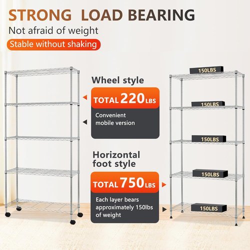 FDW 5-Tier Wire Storage Shelves - Heavy-Duty Metal Racks with Wheels | Adjustable Chrome Design | 30"x14"x61" | Tool-Free Assembly, Rust-Resistant | Ideal for Home & Garage Use