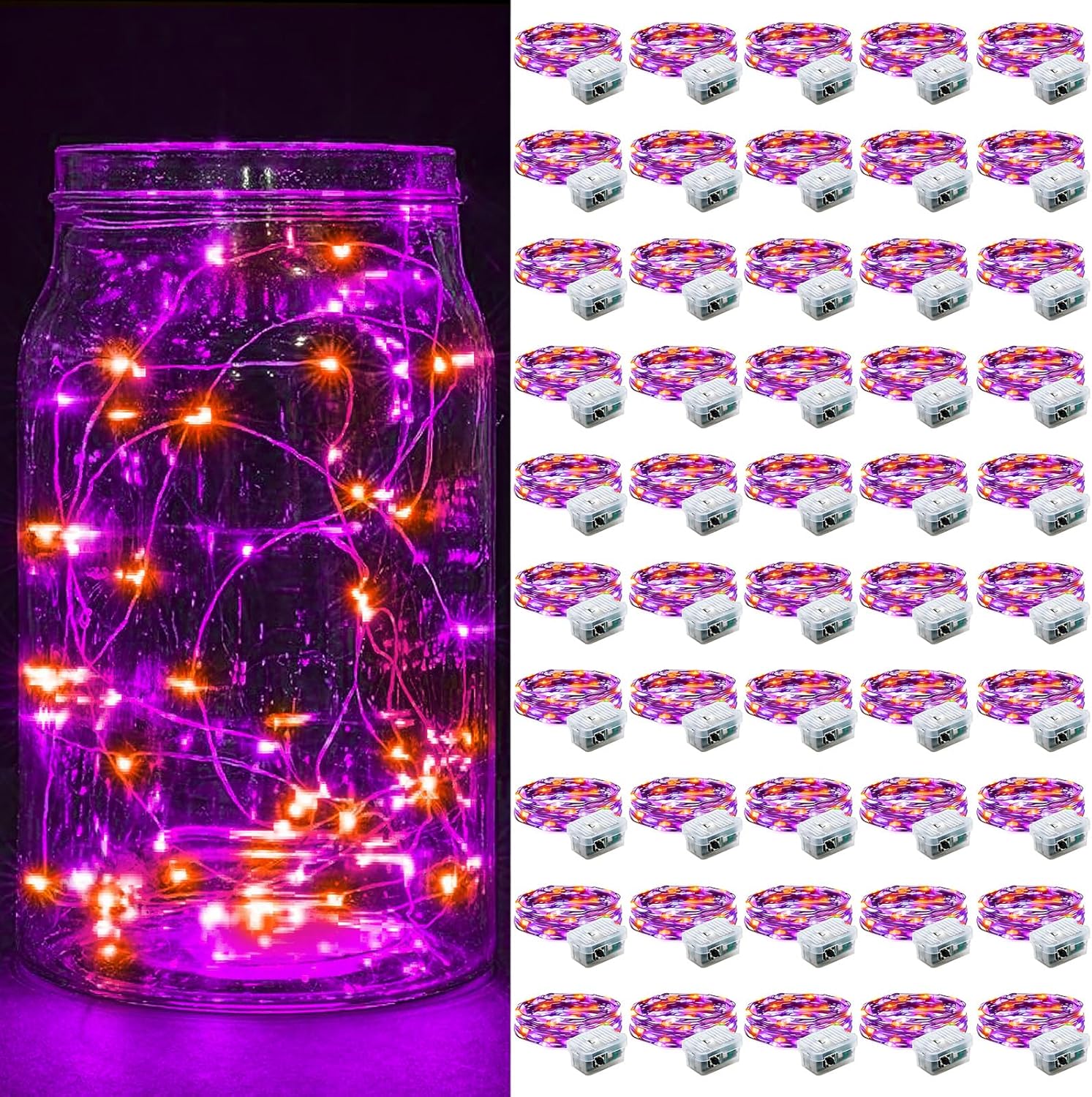 Skiennix 50 Pack Fairy Lights - 7Ft 20 LED Twinkle String Lights | Battery Operated & Waterproof for Parties, Weddings, and Holidays - Orange & Purple
