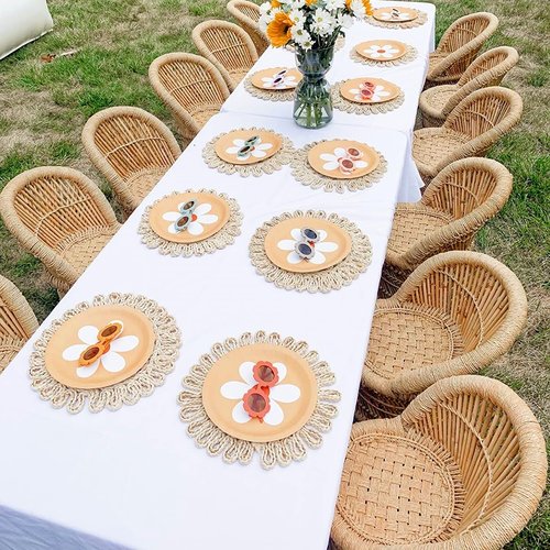 IcosaMro Round Woven Placemats for Dining Table Set of 4 11 Inch Small Natural Braided Rattan Tablemat Hollow Wicker Charger Plates for Holiday Thanksgiving Christmas Kitchen Table Mat, Beige