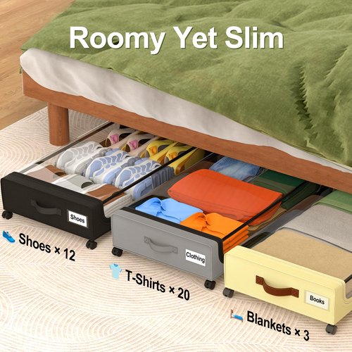 GoMaihe Under Bed Storage with Wheels: 48L Underbed Storage Containers with Lids - Rolling Bins for Shoes Clothes in Dorm Bedroom - Metal Drawers Easy Pull-out Grey 4-Pack