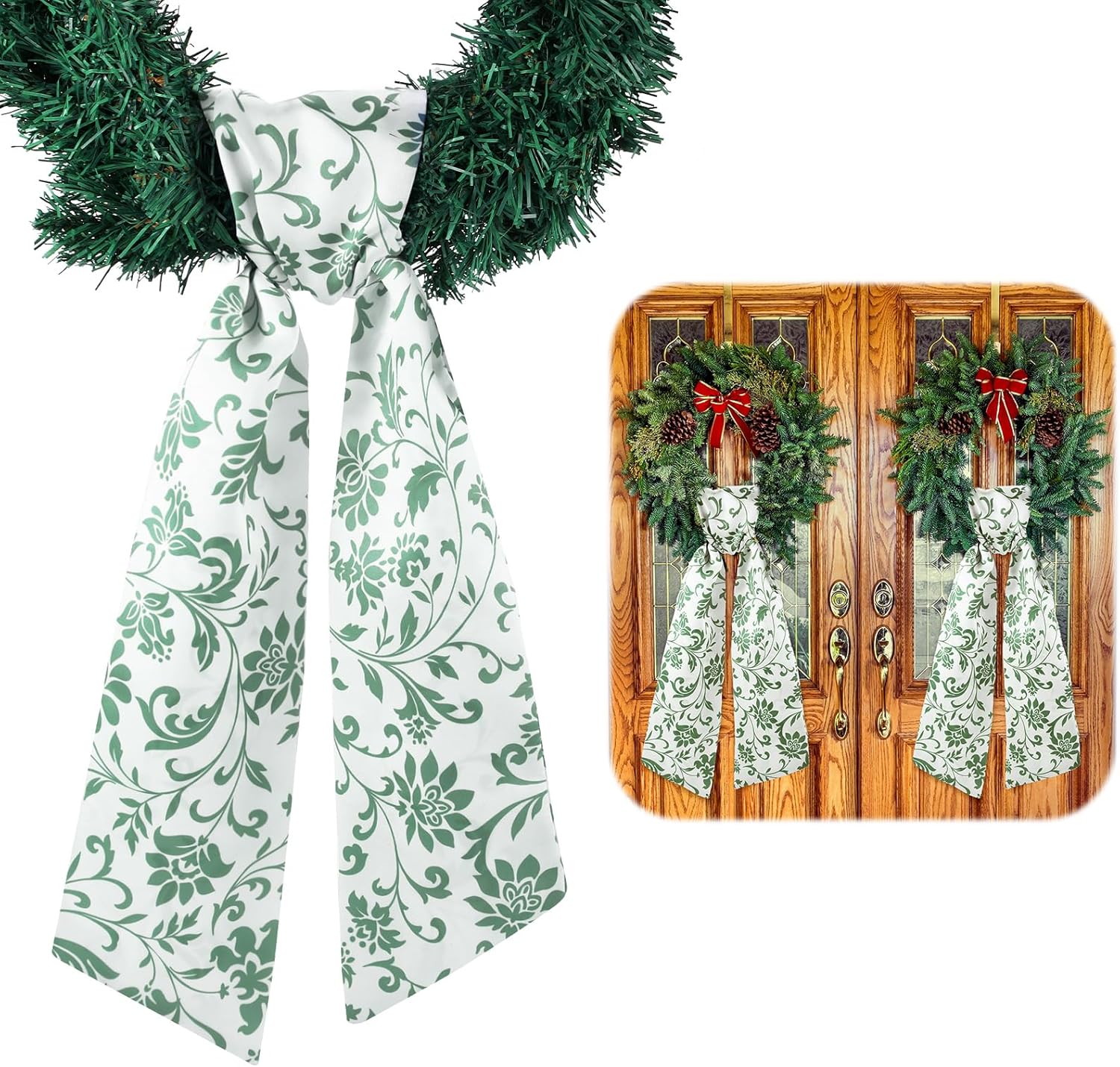 VitalCozy Wreath Sash - 2 Pcs Green Garland Ribbon for Indoor/Outdoor Decor | 4.5" W x 56" L