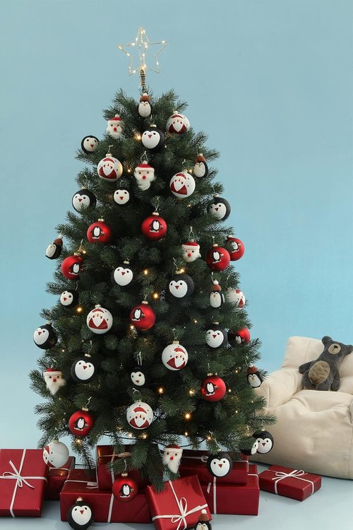 DN DECONATION Black and White Christmas Ornament - Cute Hand-Painted Santa Ball for Tree | Red Glass Xmas Decor
