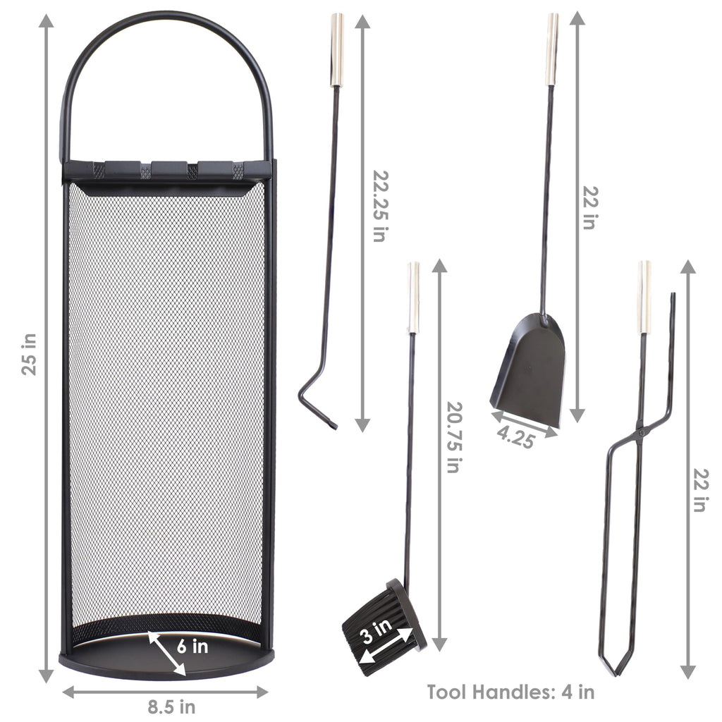 Sunnydaze 4-Piece Fireplace Tool Set with Stand - Indoor Hearth Accessories and Mesh Shroud Holder