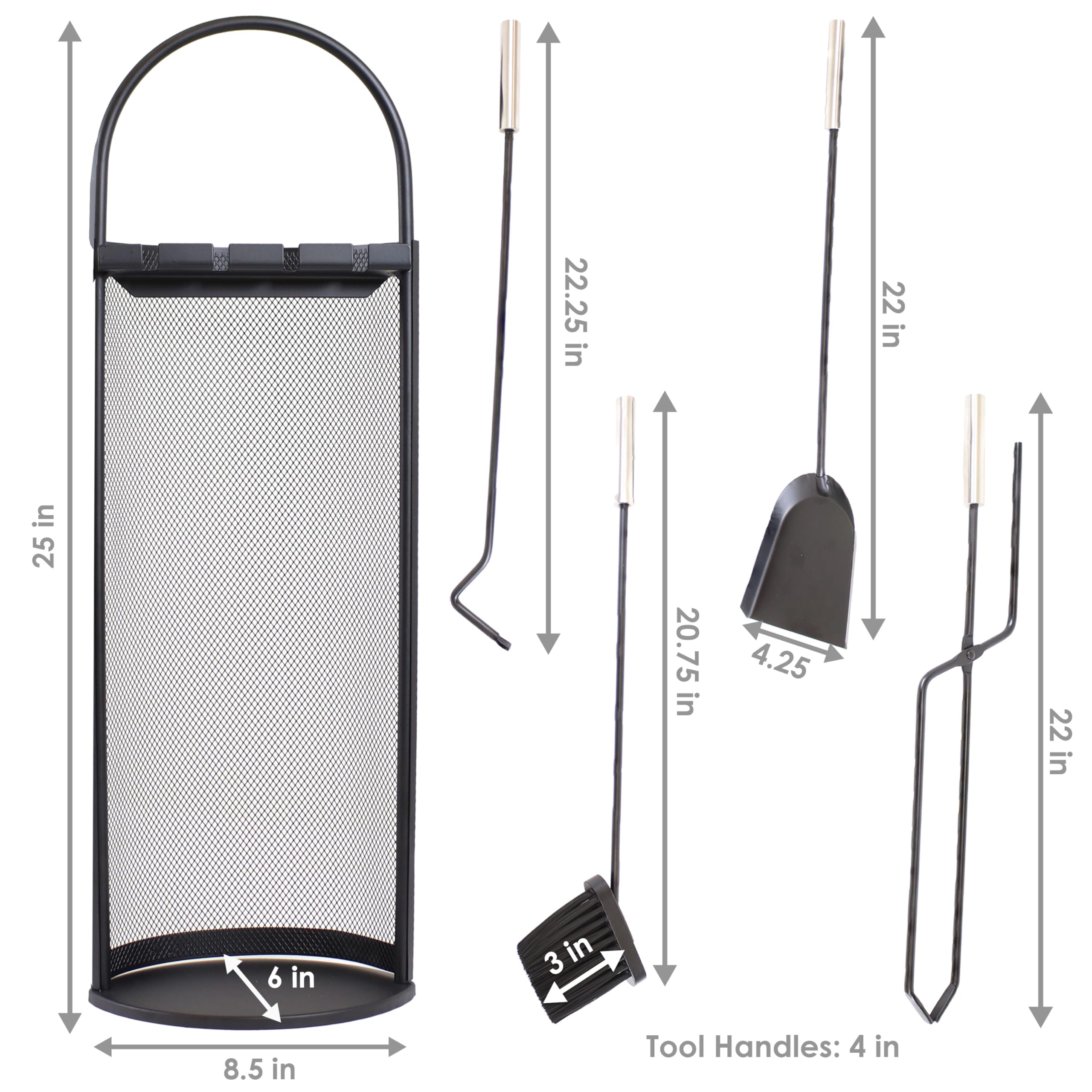 Sunnydaze 4-Piece Fireplace Tool Set with Stand - Indoor Hearth Accessories and Mesh Shroud Holder