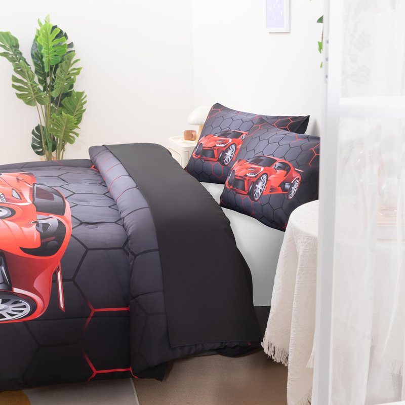 Podol 3 Pieces Race Car Comforter Set Full Size Red Sports Car Bedding Sets for Boy 3D Geometric Bed in a Bag Kids Extreme Sports Theme Quilt Set