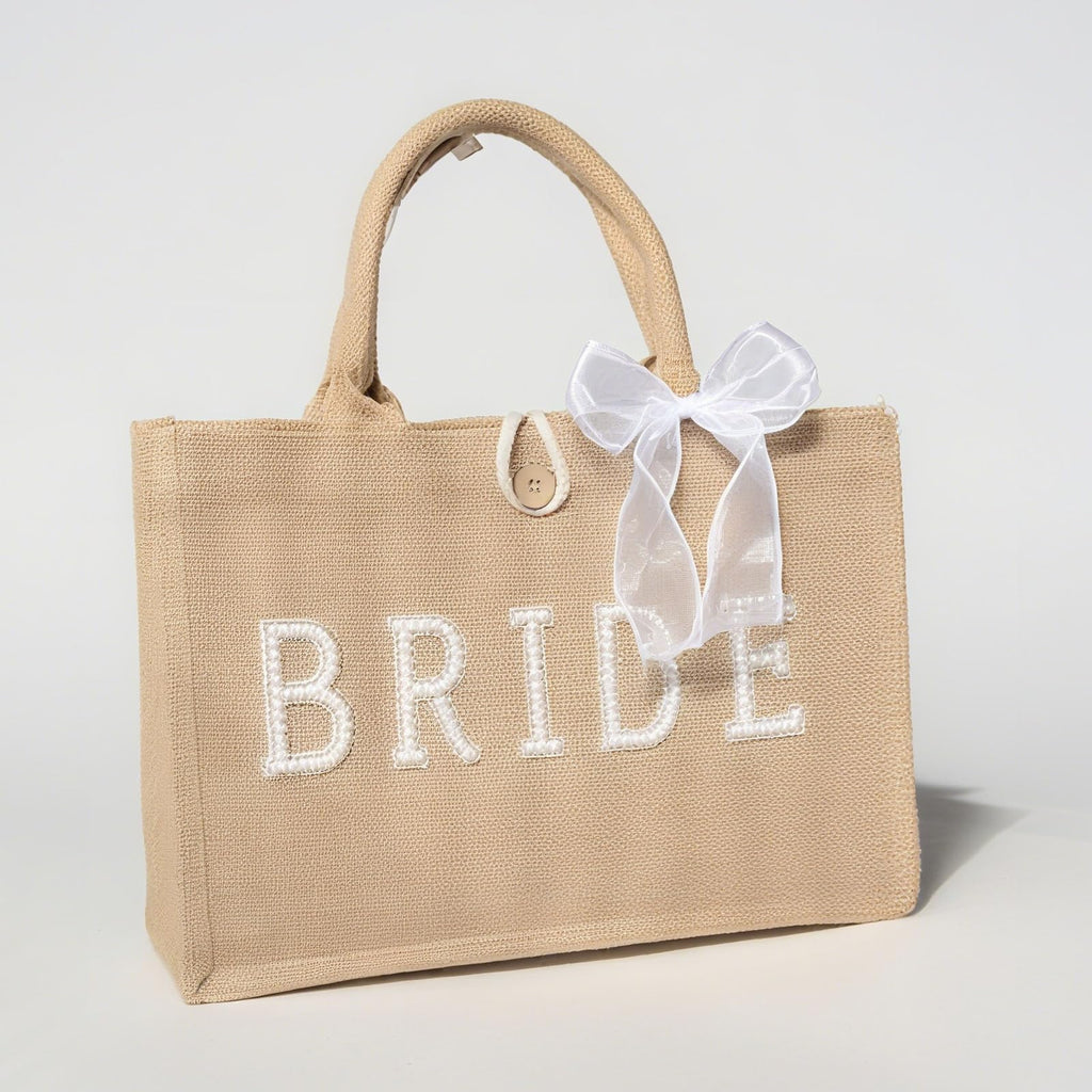 AINMEGE Bride Tote Bag Large Natural Jute Beach Bag Bridal Shower Gift Bachelorette Party Decorations