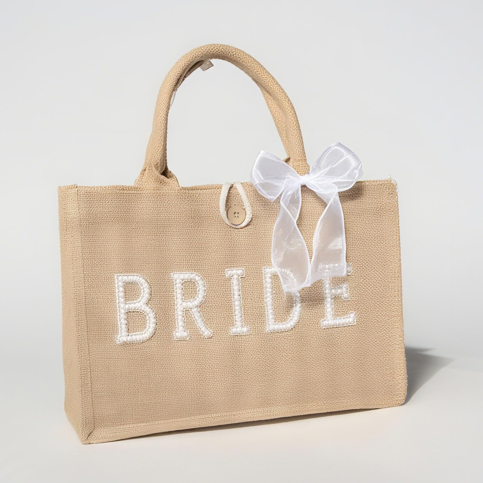 AINMEGE Bride Tote Bag Large Natural Jute Beach Bag Bridal Shower Gift Bachelorette Party Decorations