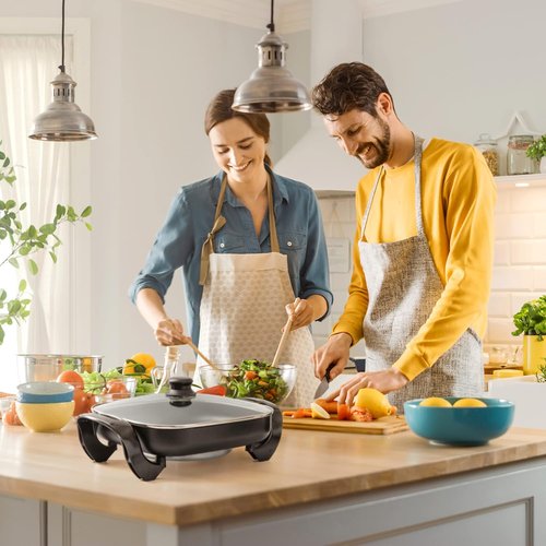 Moss & Stone Electric Skillet - 12x12 Inch Nonstick Frying Pan with Vented Glass Lid & Adjustable Temperature Control