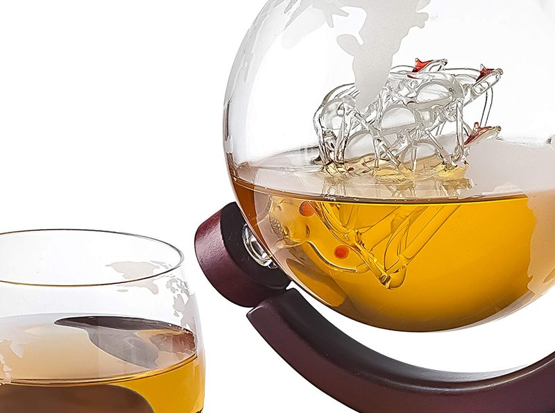 Attractive Home Bar Décor 5pc Whiskey/Wine Globe Decanter Set, World Etched Bottle with 4 Premium Glass Cups on Attractive Mahogany Wood Stand. - THE PERFECT PRESENT -