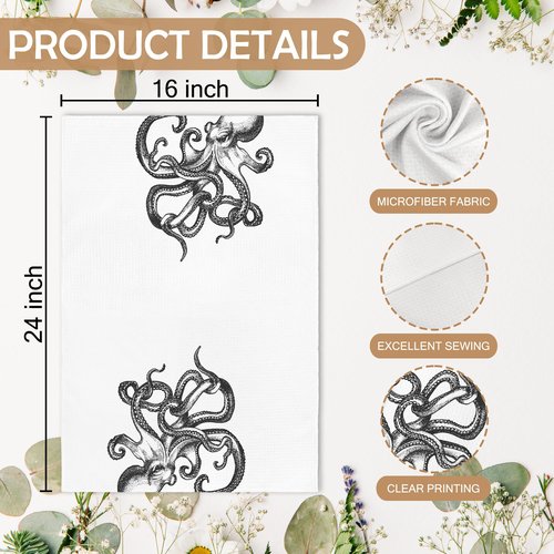 XNXLDYLH Coastal Octopus Decor Dish Hand Tea Towels for Bathroom Kitchen, Octopus Ocean Nautical Beachy Bathroom Decor, Black and White Coastal Nautical Kitchen Towels and Dishcloths Sets of 2,16x24In