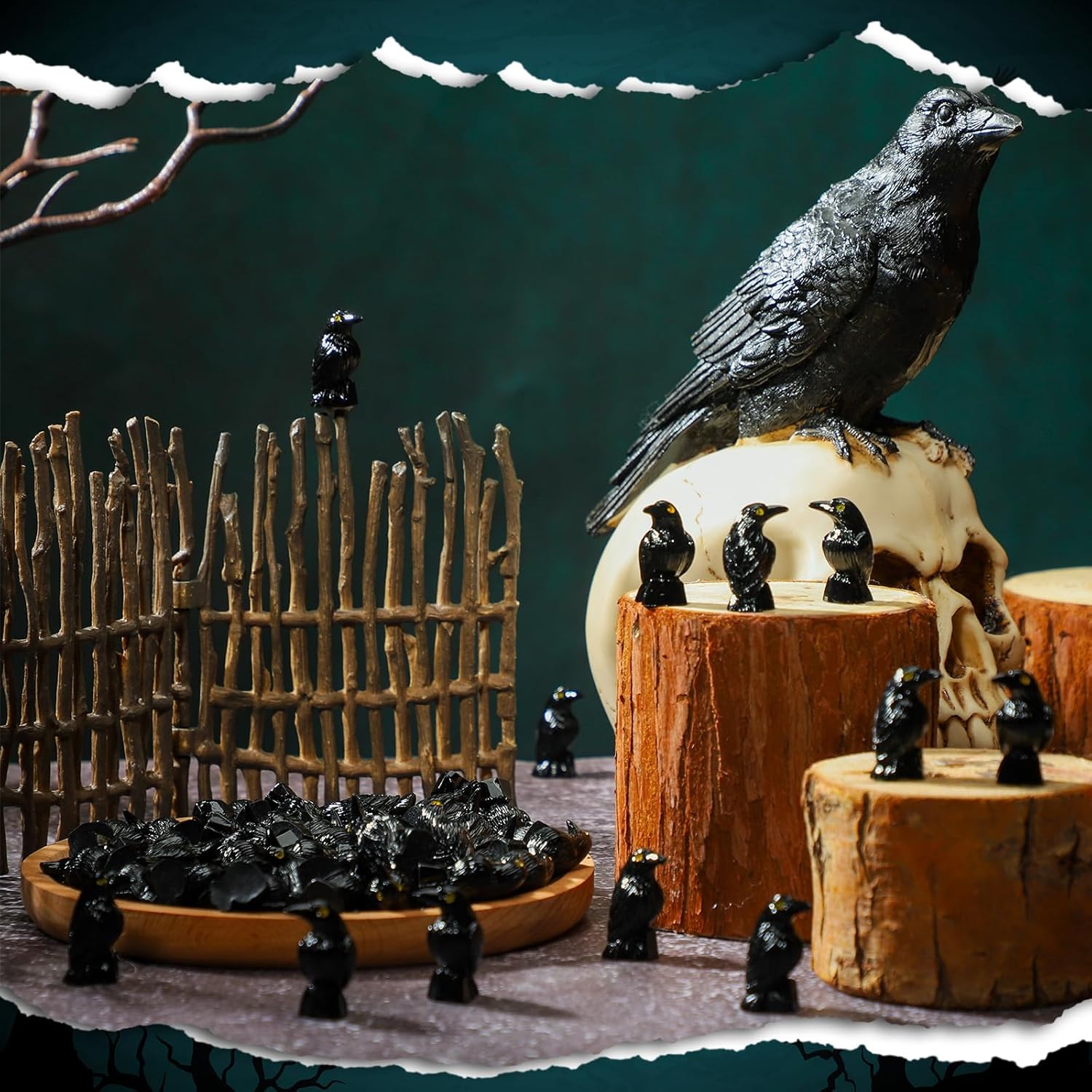 Skiennix Miniature Crows Decor - 100 Pcs Black Resin Raven Figurines for Holiday & Party Decor