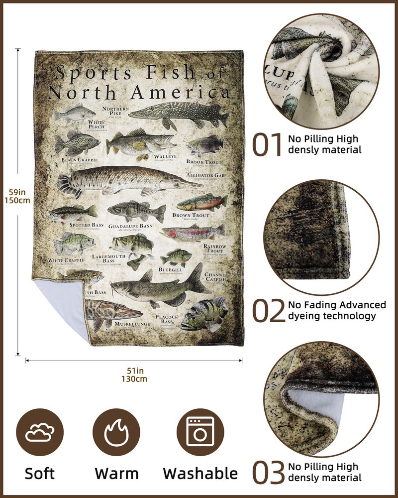 Zacruch Fishing Enthusiast Blanket – North America Sports Fish Design, Funny & Educational Knowledge Blanket, Ideal Bass Fishing Gift for Boys, Dads, Grandpas – Unique Outdoor Lover Present 50"x60"