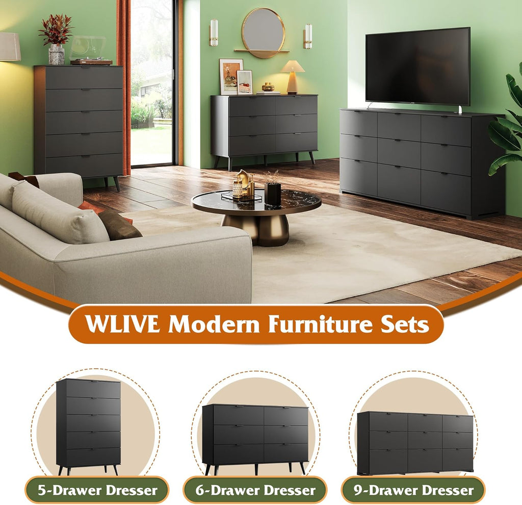 WLIVE 5 Drawer Dresser - Tall Wooden Storage Organizer with Sturdy Metal Handles | Black Chest for Bedroom, Living Room, Hallway