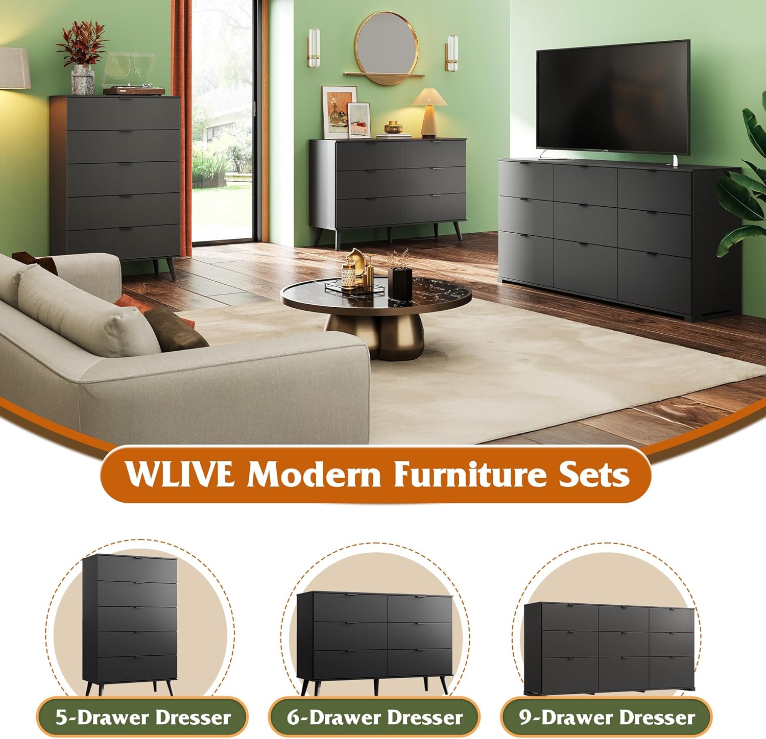 WLIVE 5 Drawer Dresser - Tall Wooden Storage Organizer with Sturdy Metal Handles | Black Chest for Bedroom, Living Room, Hallway